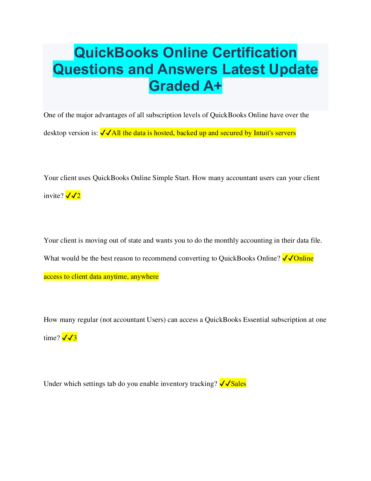 Preview of QuickBooks Online Certification Questions and Answers Latest Update Graded A+