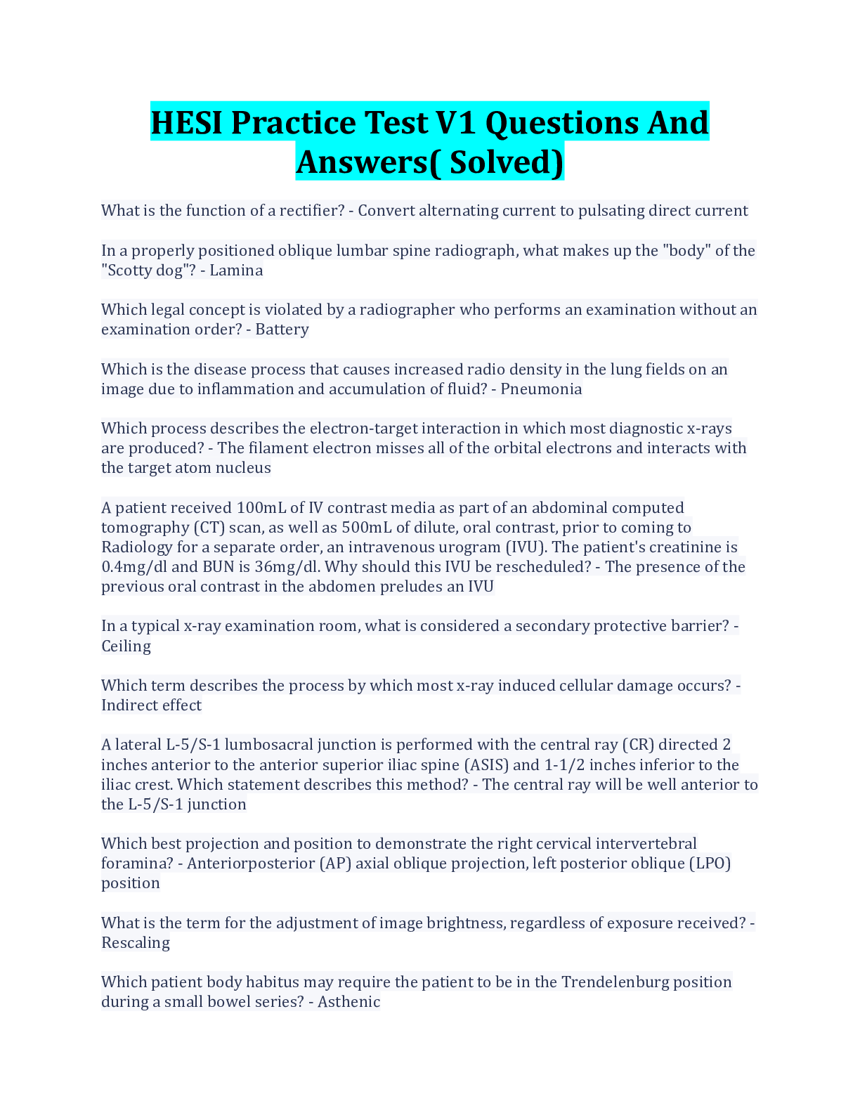 Preview image for HESI Practice Test V1 Questions And Answers( Solved)