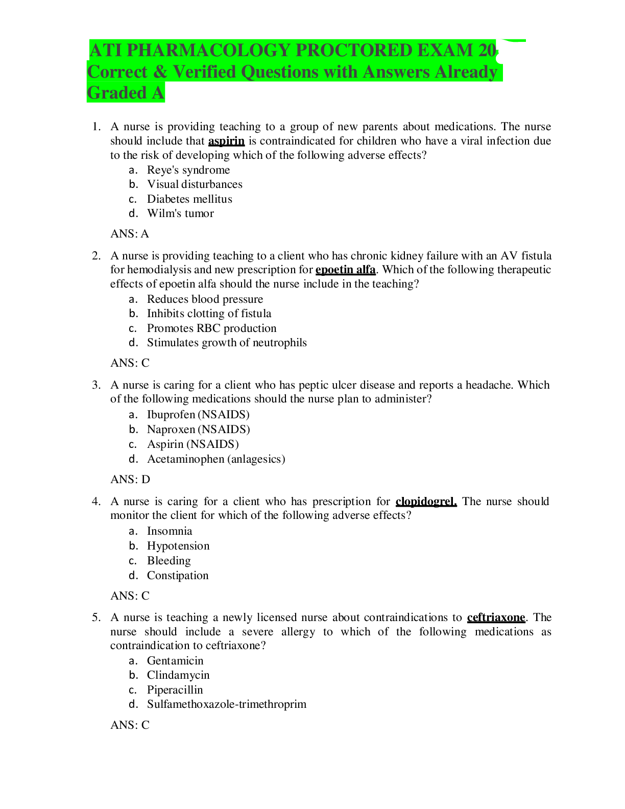 Preview image for ATI PHARMACOLOGY PROCTORED EXAM 2023 Correct & Verified Quiz with Answers Already Graded A