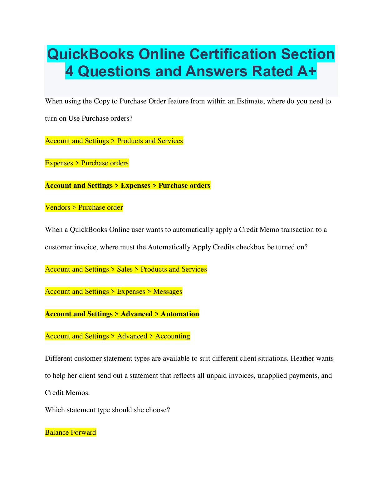 Preview of QuickBooks Online Certification Section 4 Questions and Answers Rated A+