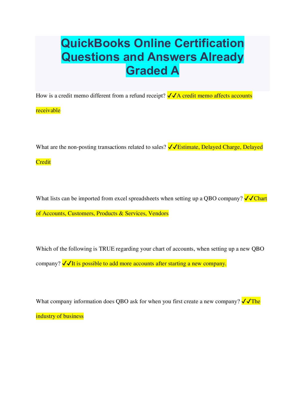 Preview image of QuickBooks Online Certification Questions and Answers Already Graded A document