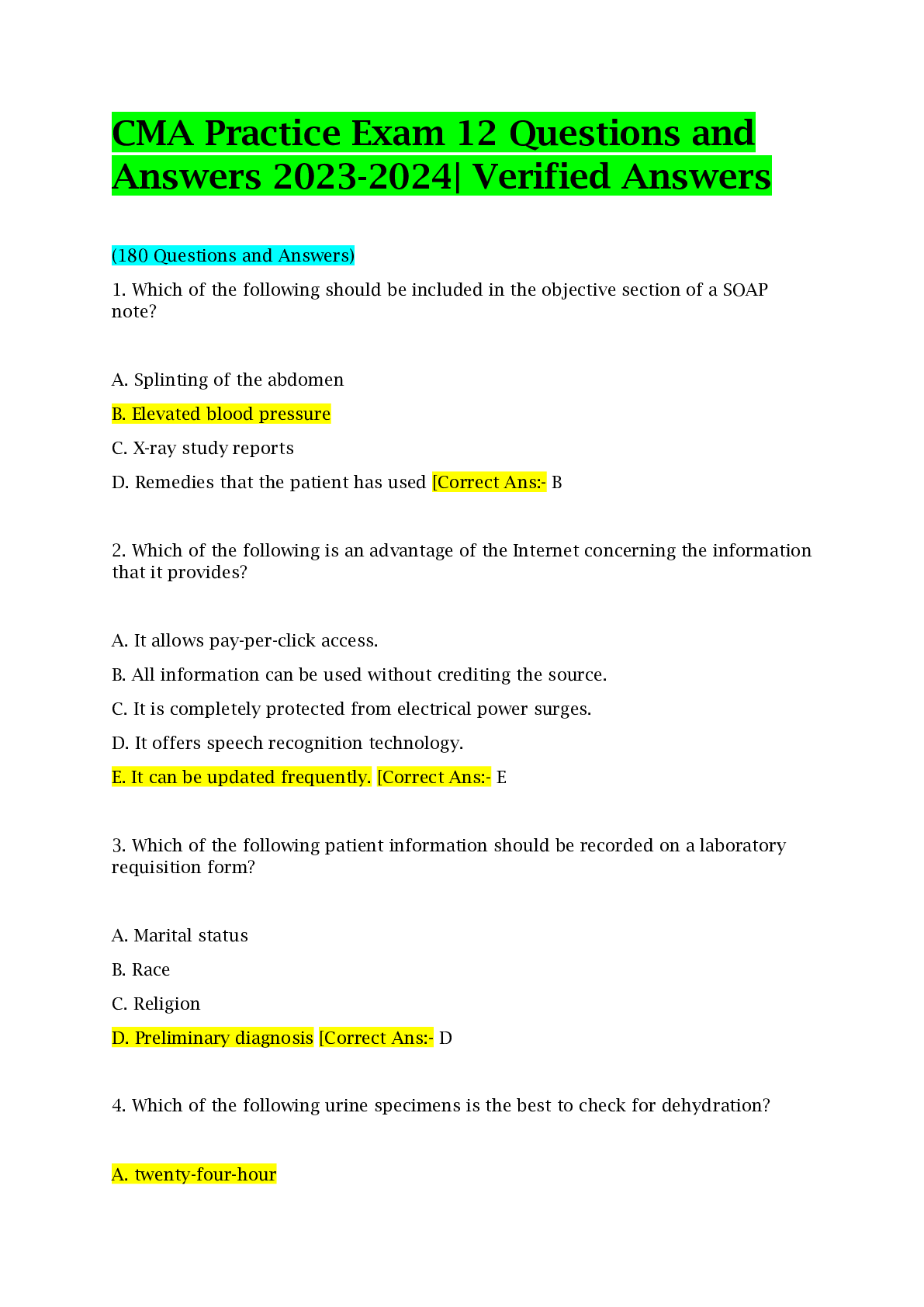CMA Practice Exam 12 Questions and Answers 2023-2024| Verified Answers