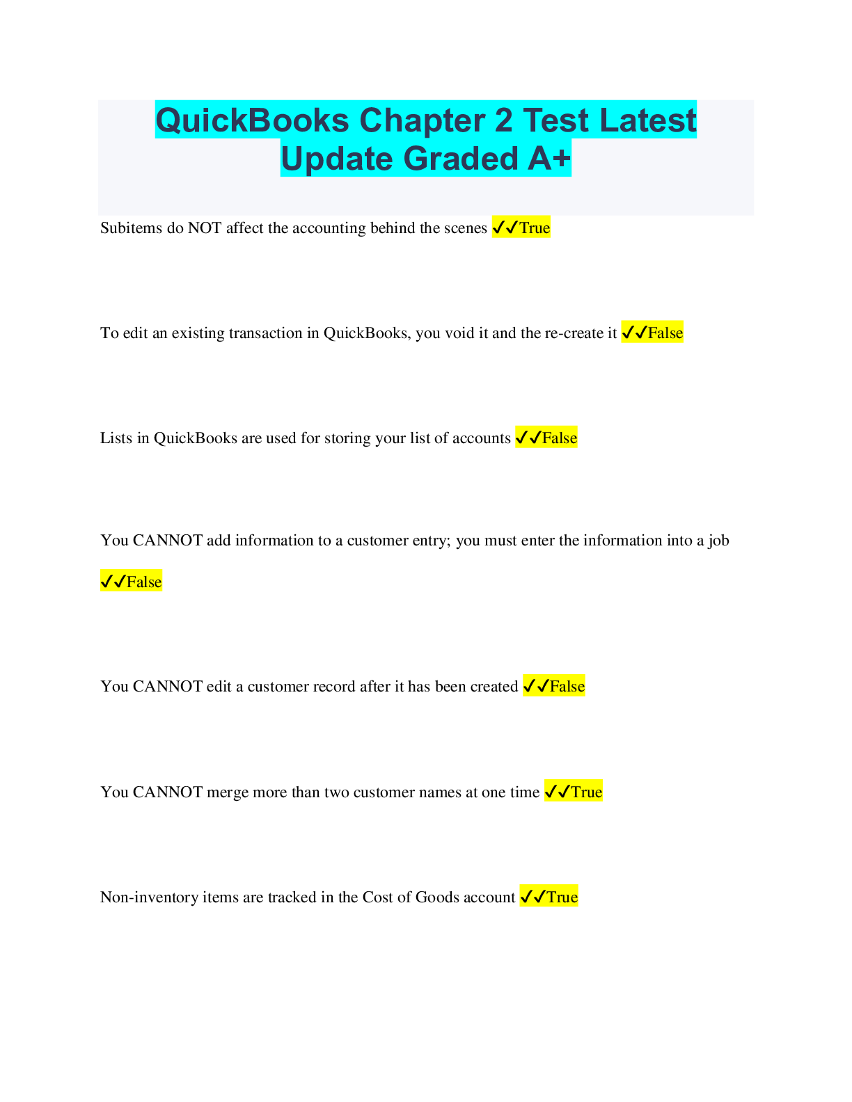 Preview image of QuickBooks Chapter 2 Test Latest Update Graded A+ document