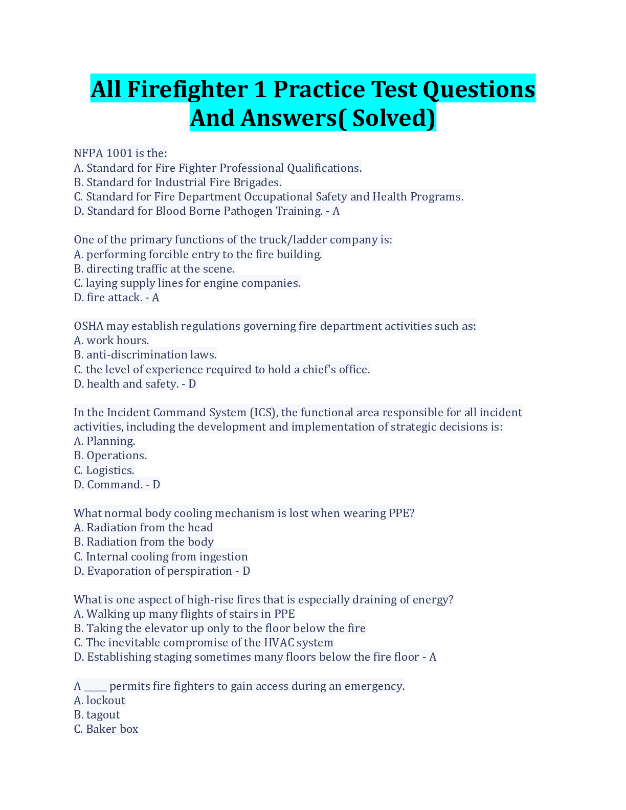 Preview image for All Firefighter 1 Practice Test Questions And Answers( Solved)