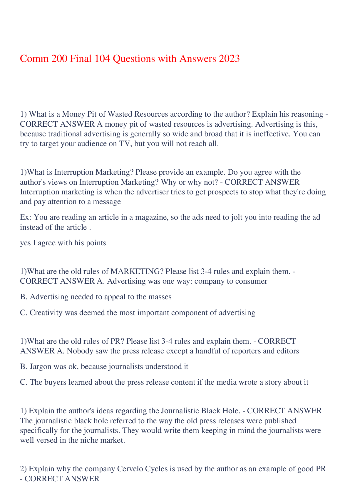 Preview image of Comm 200 Final 104 Questions with Answers 2023,100% CORRECT document