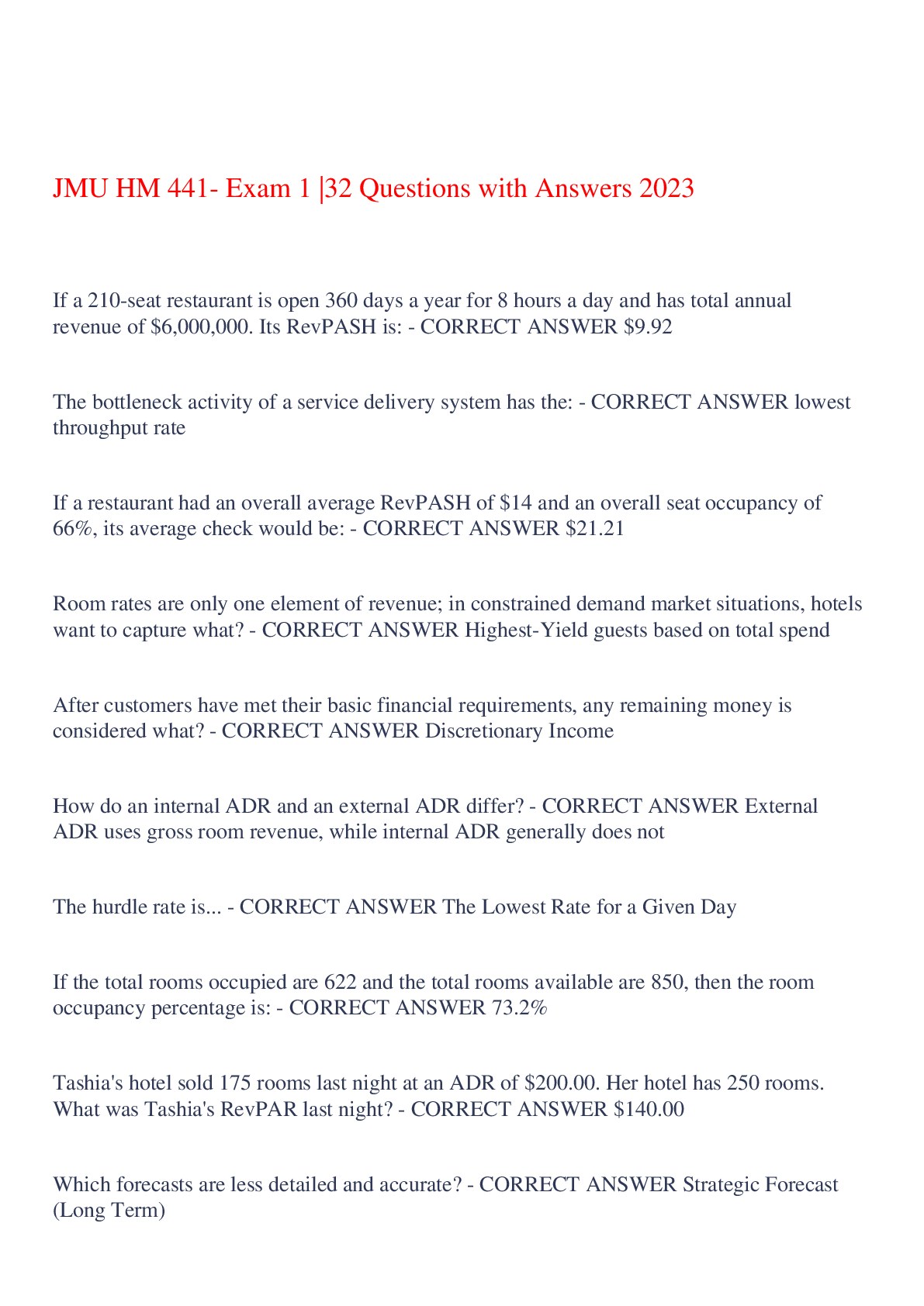 Preview image of JMU HM 441- Exam 1 |32 Questions with Answers 2023,100% CORRECT document