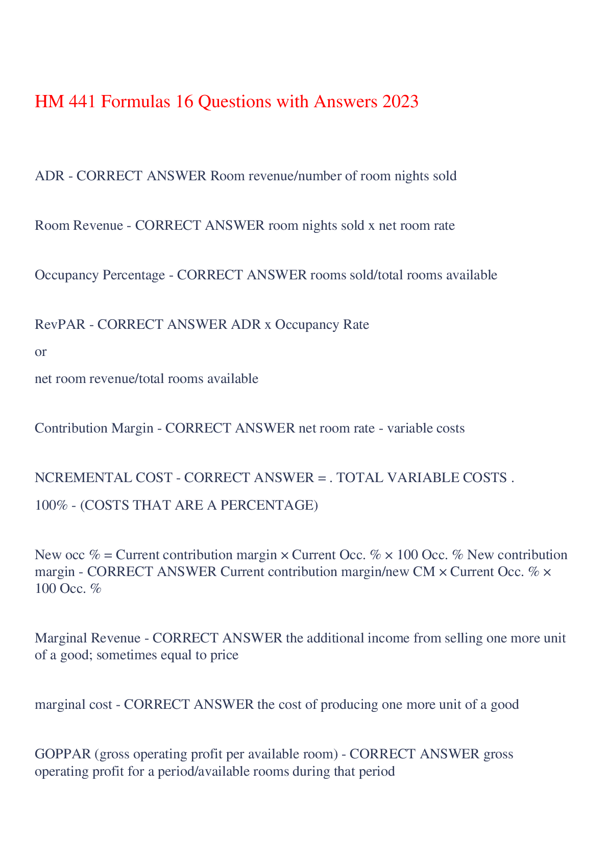 Preview image of HM 441 Formulas 16 Questions with Answers 2023,100% CORRECT document