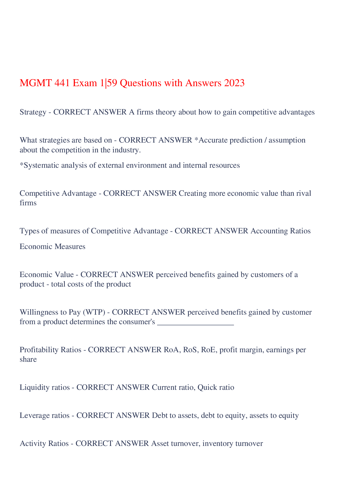 Preview image of MGMT 441 Exam 1|59 Questions with Answers 2023,100% CORRECT document
