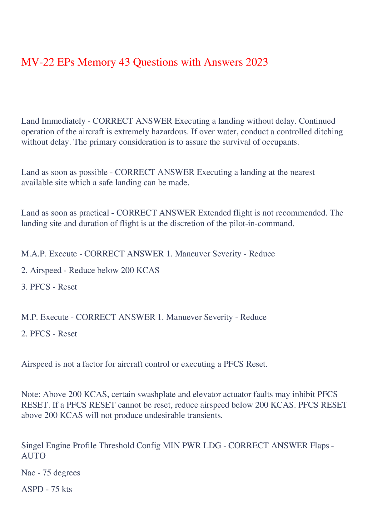 Preview of MV-22 EPs Memory 43 Questions with Answers 2023,100% CORRECT