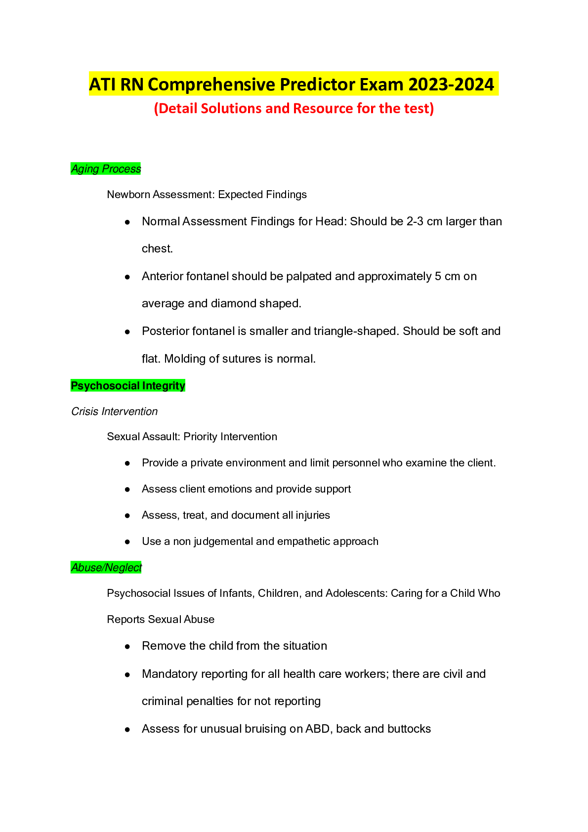 Preview image for ATI RN Comprehensive Predictor Exam 2023-2024  (Detail Solutions and Resource for the test)