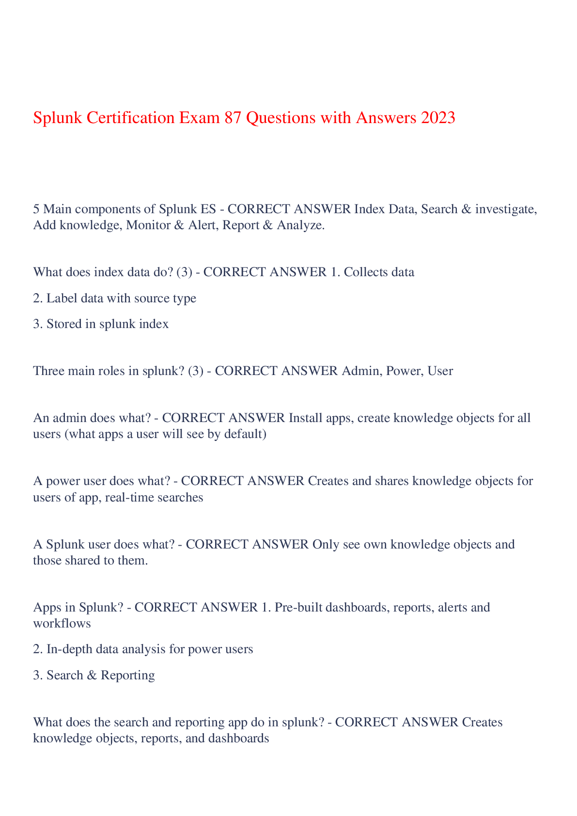 Preview image of Splunk Certification Exam 87 Questions with Answers 2023,100% CORRECT document