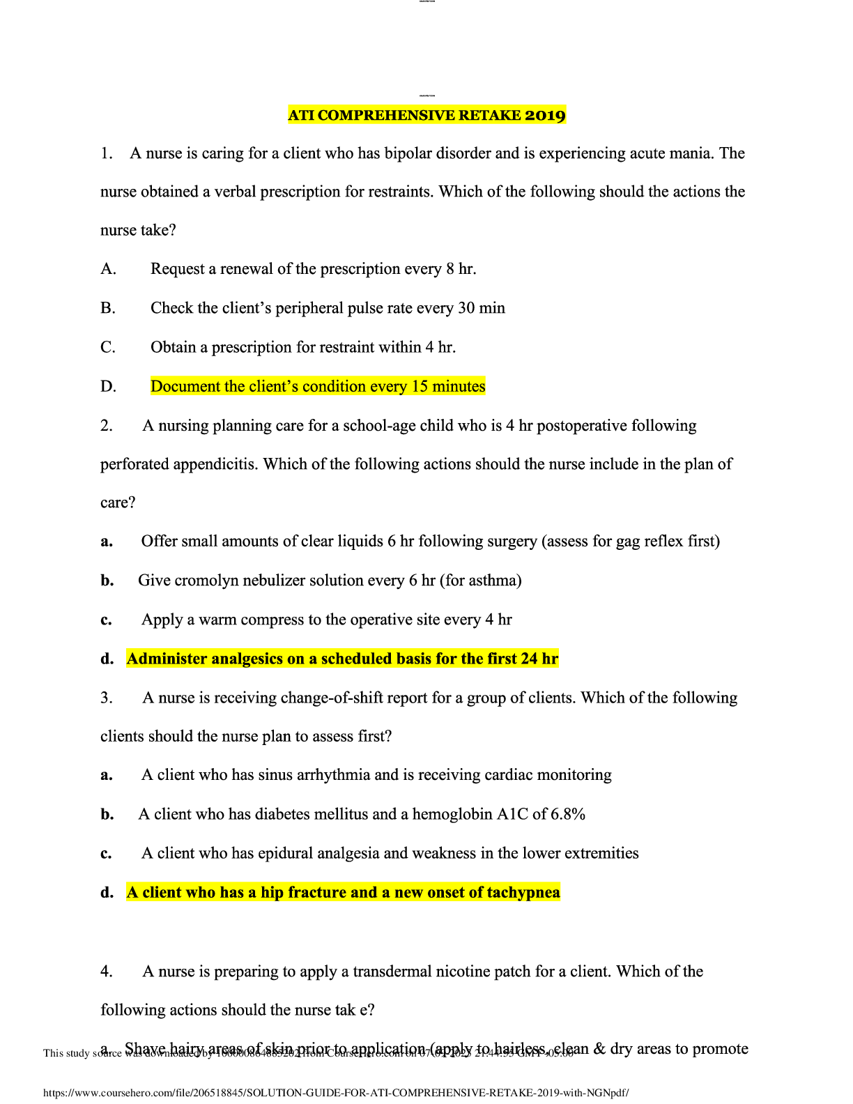 Preview of ATI COMPREHENSIVE RETAKE 2019 {NEW 2023} FULL 100+ QNS AND ANS 60 PAGED EXAM