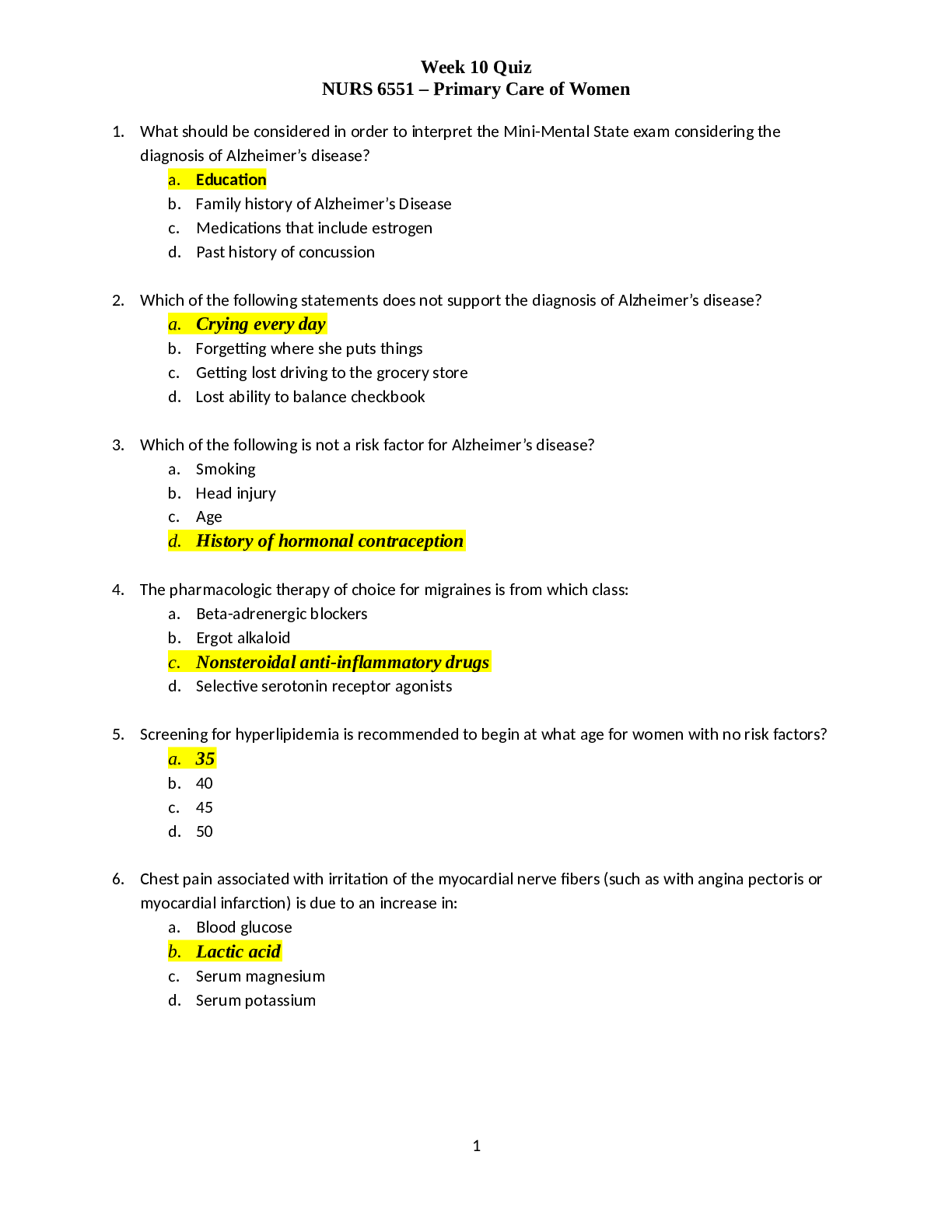 Preview image for NURS 6551 Week 10 Quiz Primary Care of Women