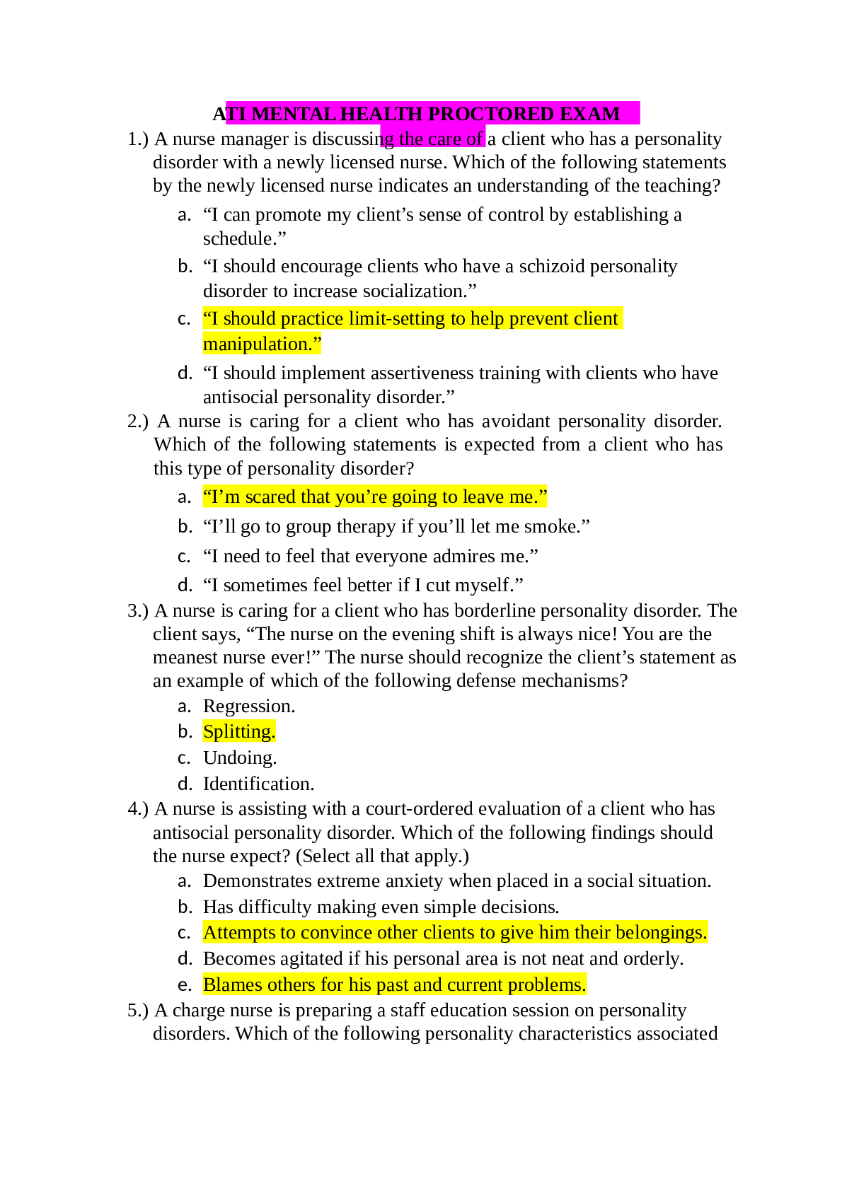 Preview of ATI MENTAL HEALTH PROCTORED EXAM
