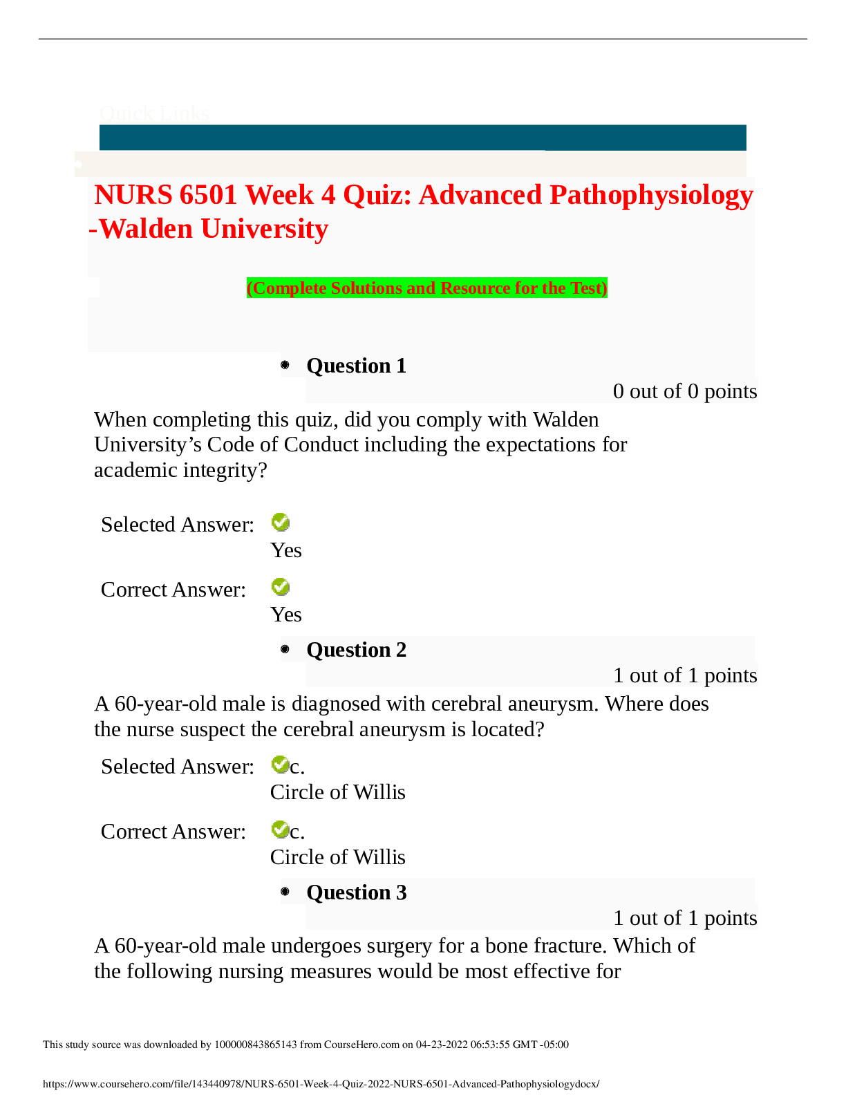 Preview of NURS 6501 Week 4 Quiz Advanced Pathophysiology