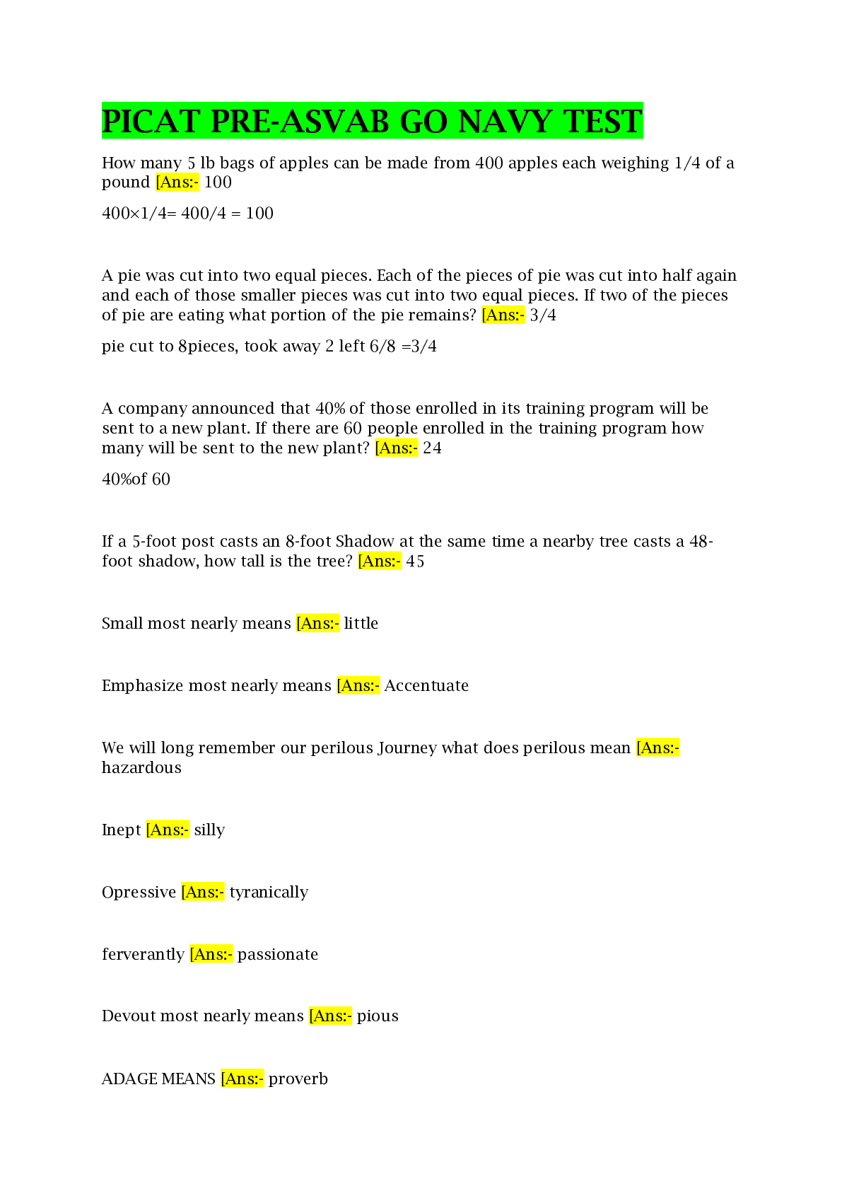 Preview image for PICAT PRE-ASVAB GO NAVY TEST Questions and Correct Answers