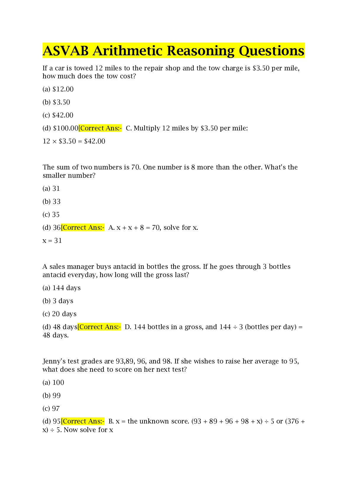 Preview image of ASVAB Arithmetic Reasoning Questions with 100% Correct (Multiple Choice) document