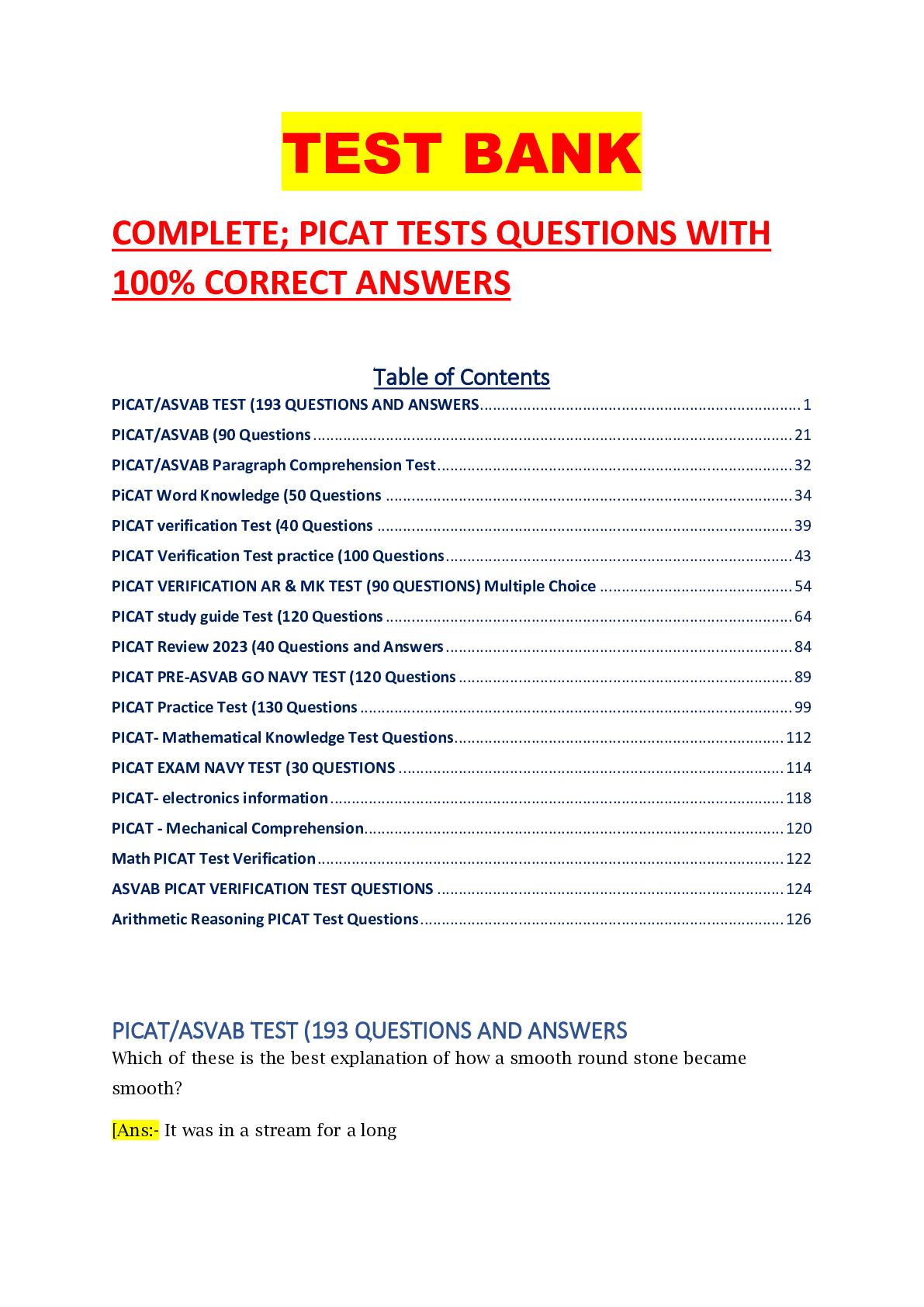COMPLETE; PICAT TESTS QUESTIONS WITH 100% CORRECT ANSWERS