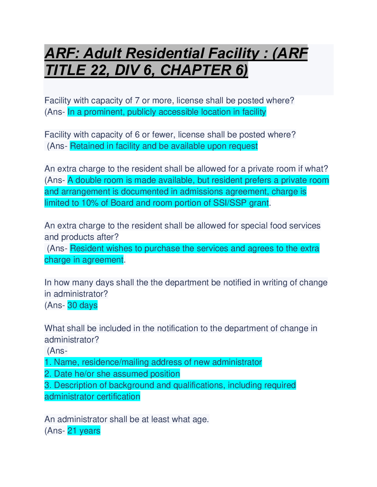 Preview of ARF: Adult Residential Facility : (ARF TITLE 22, DIV 6, CHAPTER 6): Questions & Answers: L