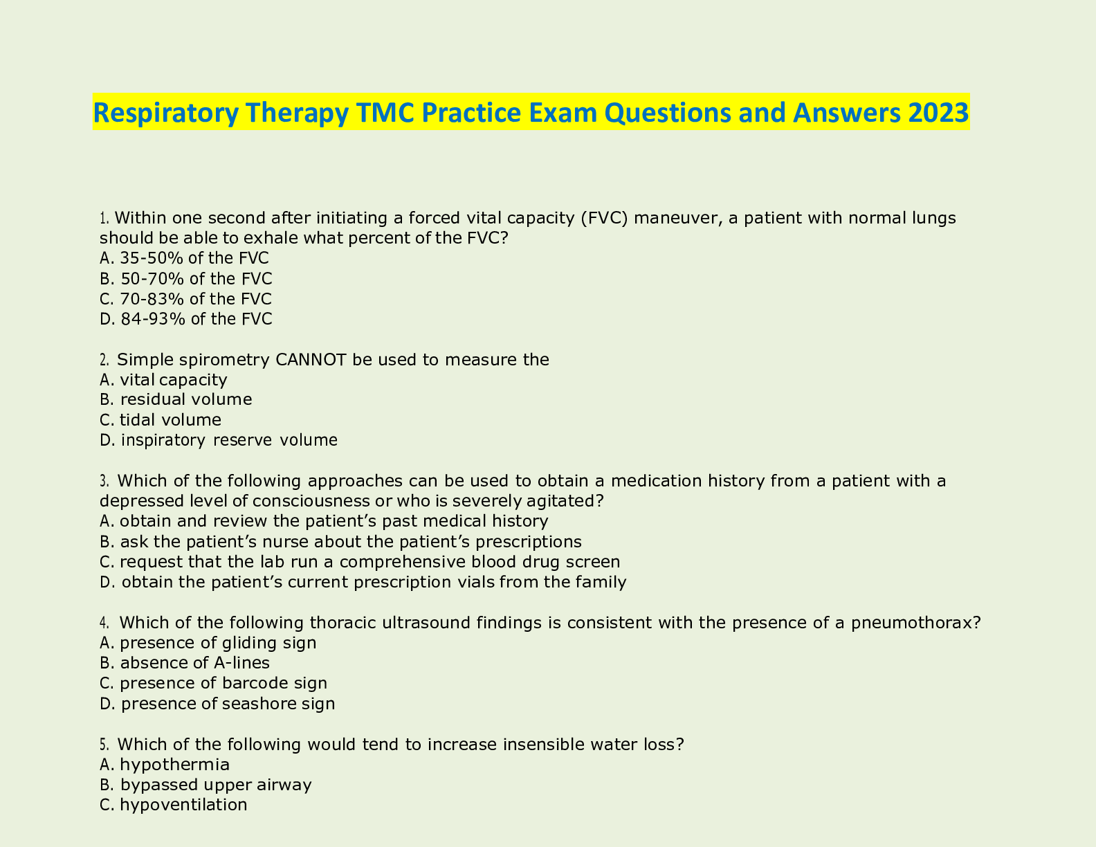 Preview image for Respiratory Therapy TMC Practice Exam Questions and Answers 2023