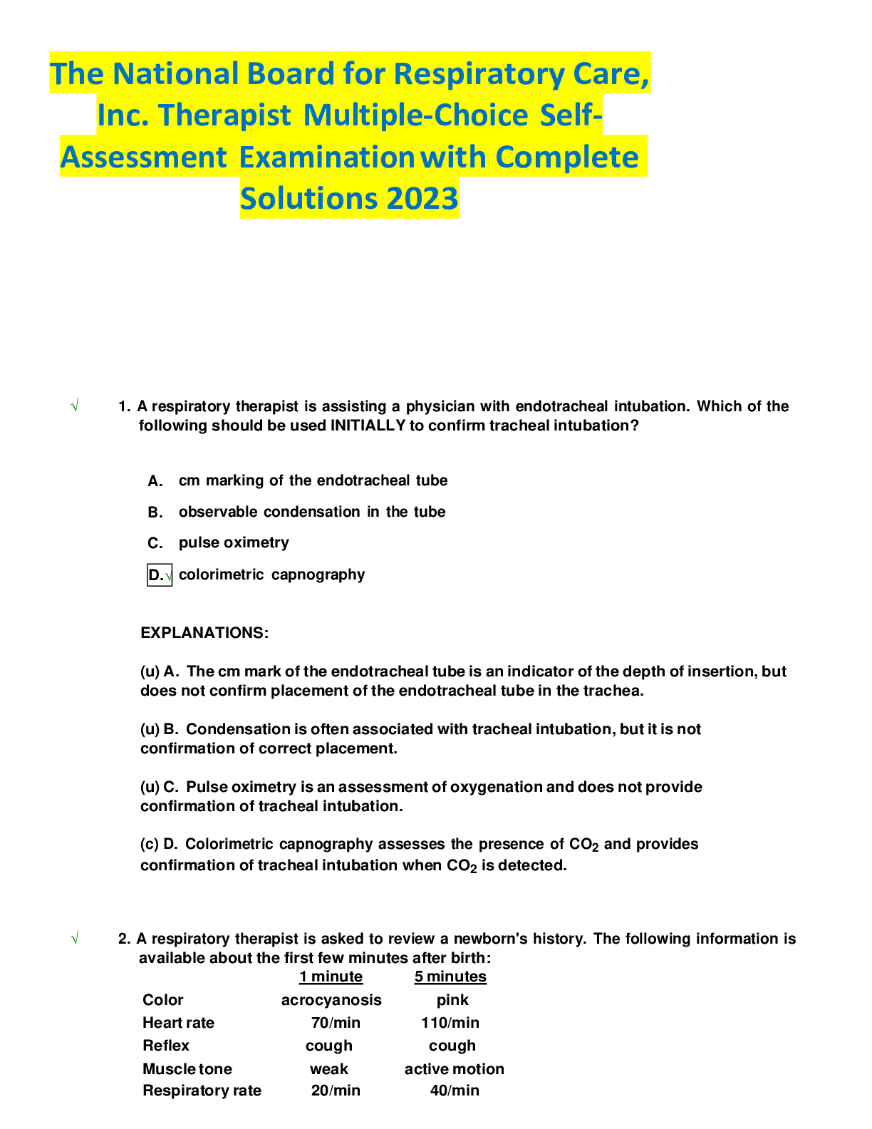 Preview image for The National Board for Respiratory Care, Inc. Therapist Multiple-Choice Self-Assessment Examination with Complete Solutions 2023
