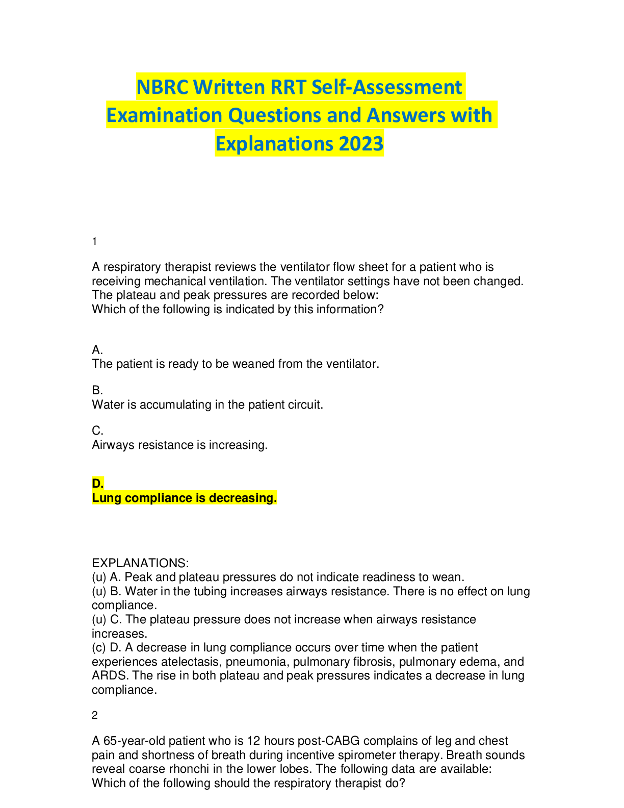 Preview of NBRC Written RRT Self-Assessment Examination Questions and Answers with Explanations 2023