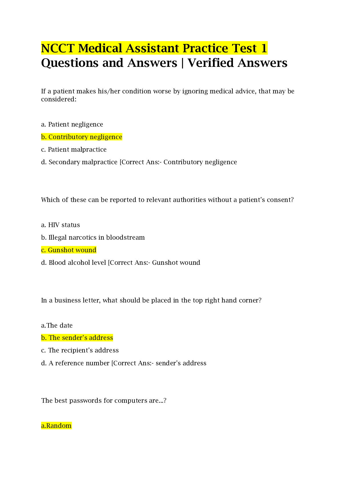 Preview image for NCCT Medical Assistant Practice Test 1 Questions and Answers | Verified Answers