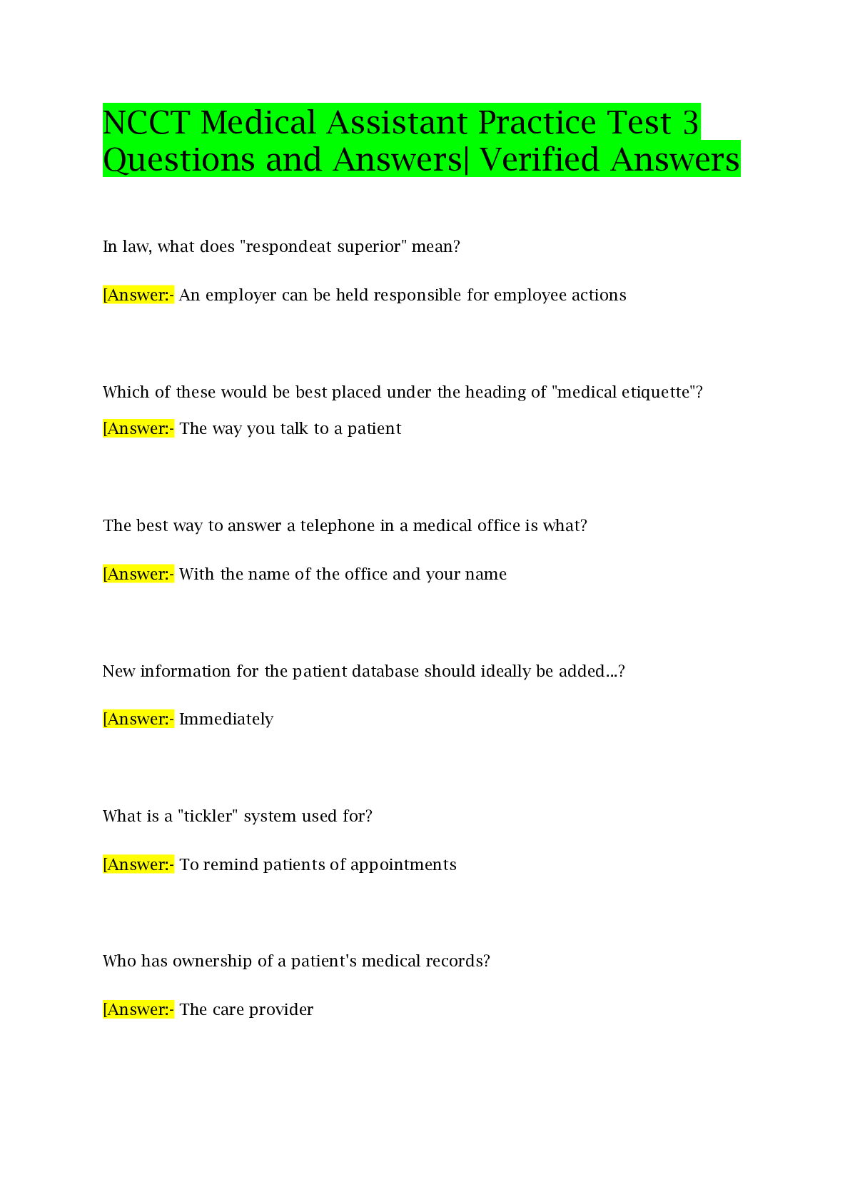 Preview image for NCCT Medical Assistant Practice Test 3 Questions and Answers| Verified Answers