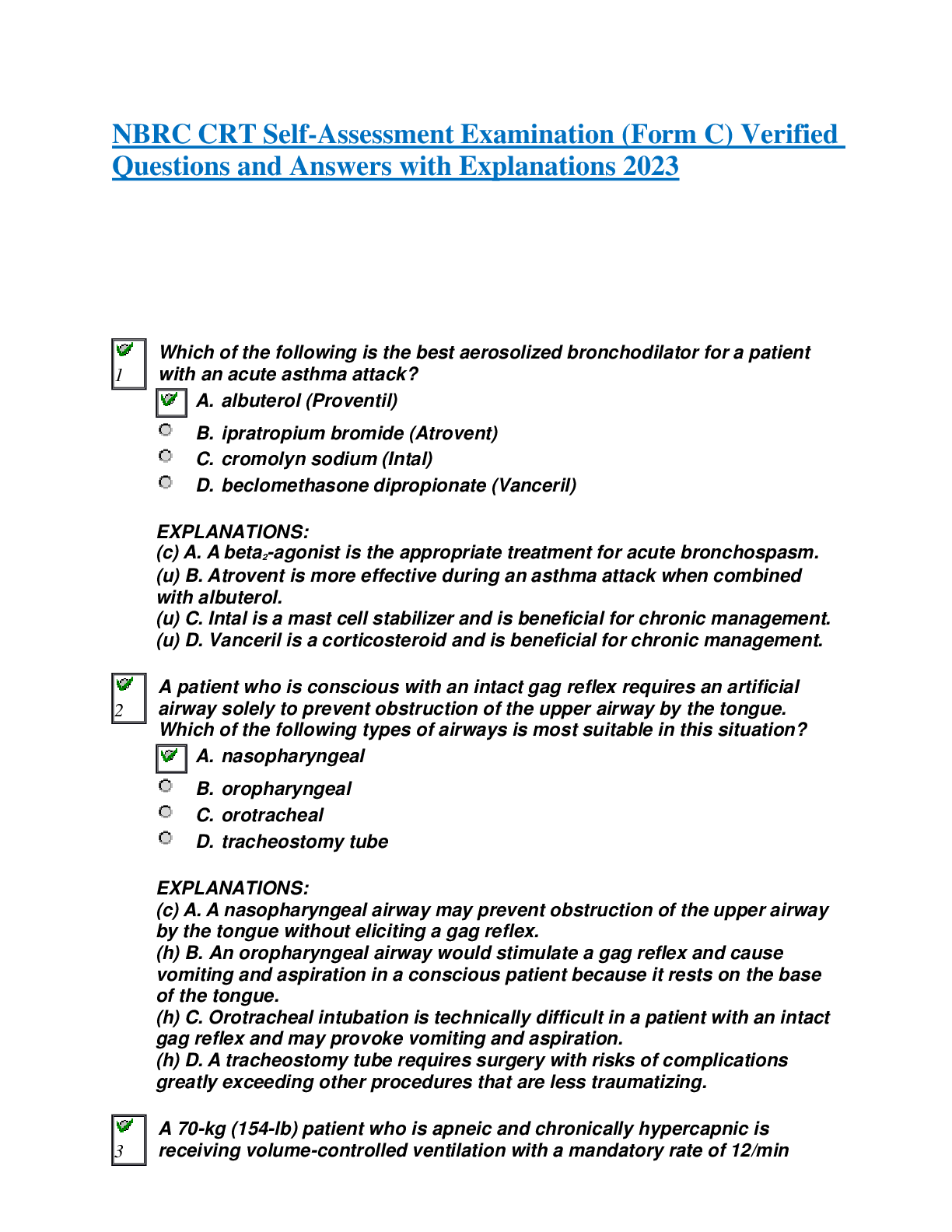 Preview image for NBRC CRT Self-Assessment Examination (Form C) Verified Questions and Answers with Explanations 2023