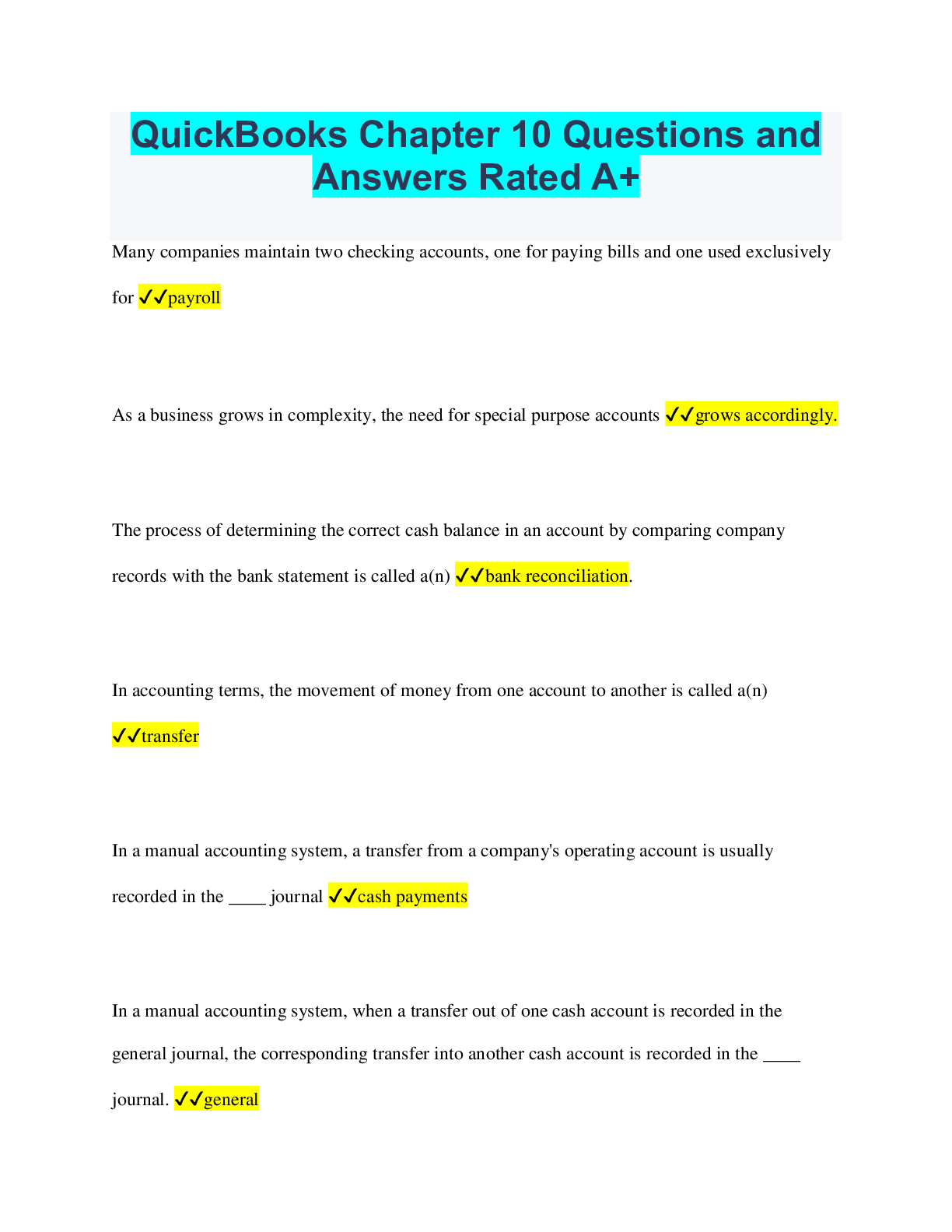 Recommended document preview for QuickBooks Chapter 10 Questions and Answers Rated A+