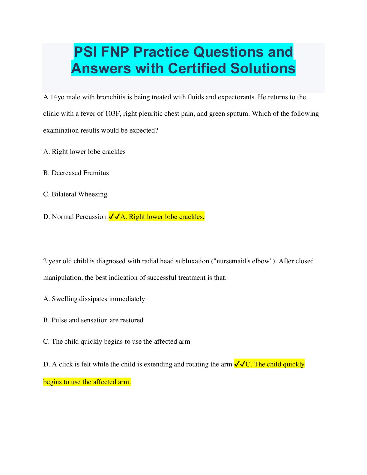 Preview of PSI FNP Practice Questions and Answers with Certified Solutions