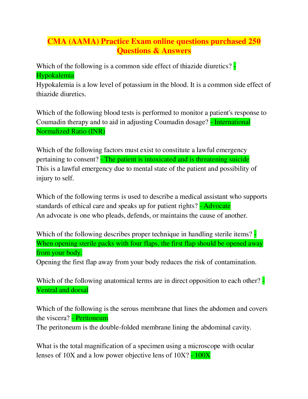 Preview image for CMA (AAMA) Practice Exam online questions purchased 250 Questions & Answers