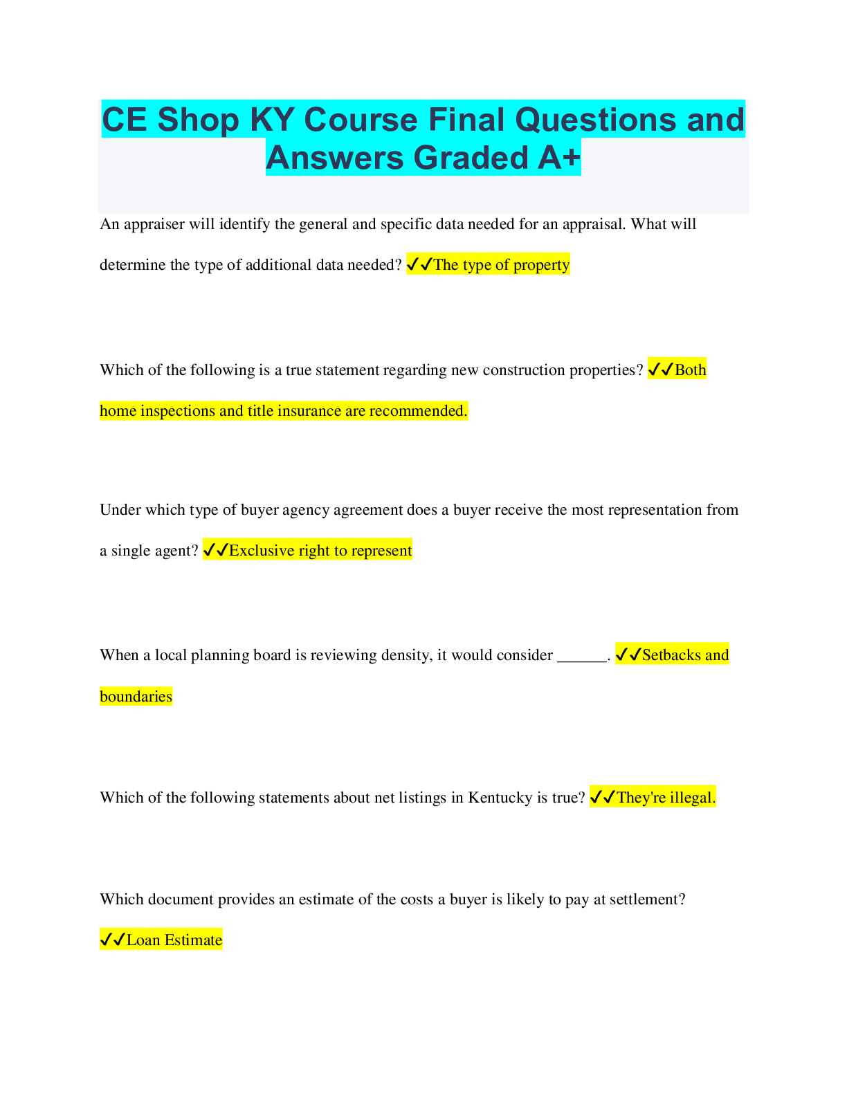 Preview image for CE Shop KY Course Final Questions and Answers Graded A+
