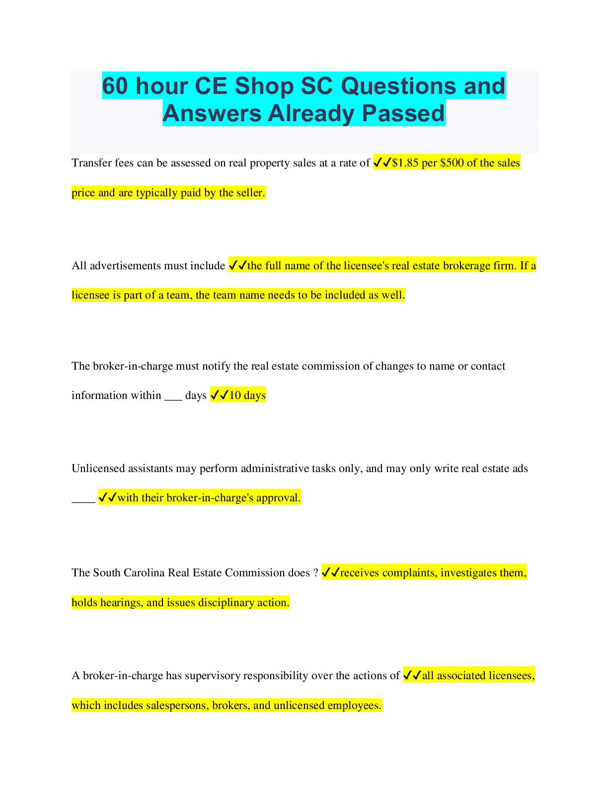 Preview image for 60 hour CE Shop SC Questions and Answers Already Passed
