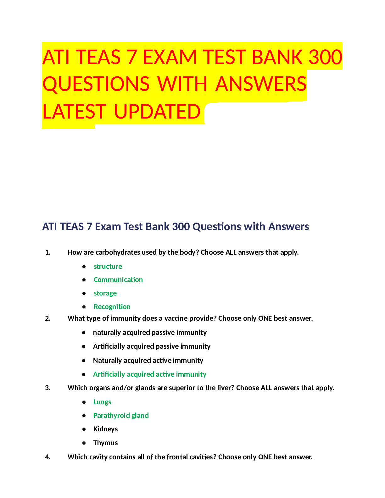 Preview image for ATI TEAS 7 EXAM TEST BANK 300 qns and ans latest update for 2023-2024 students