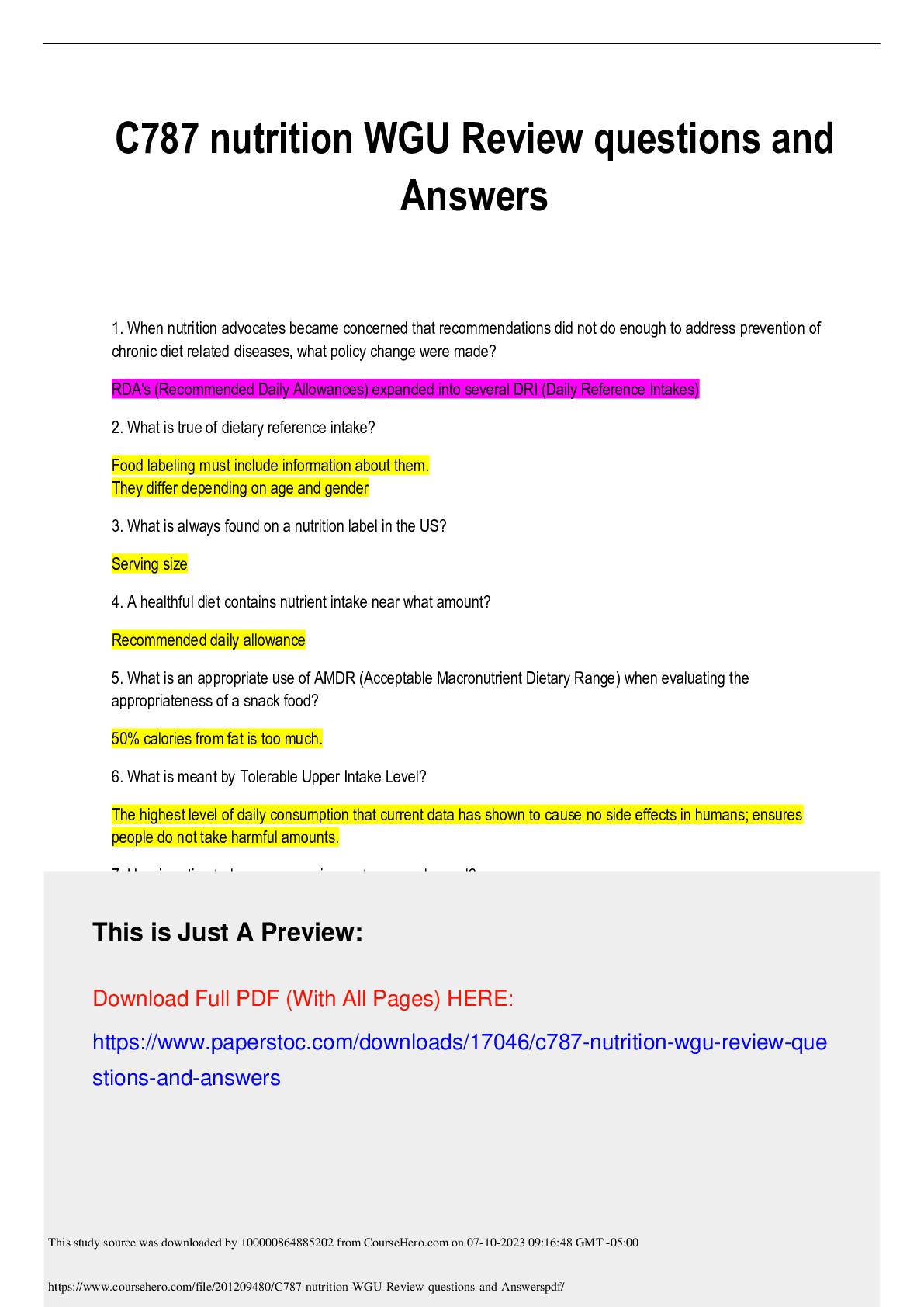 Preview image for C787 nutrition WGU Review questions andAnswers 3 VERIONS