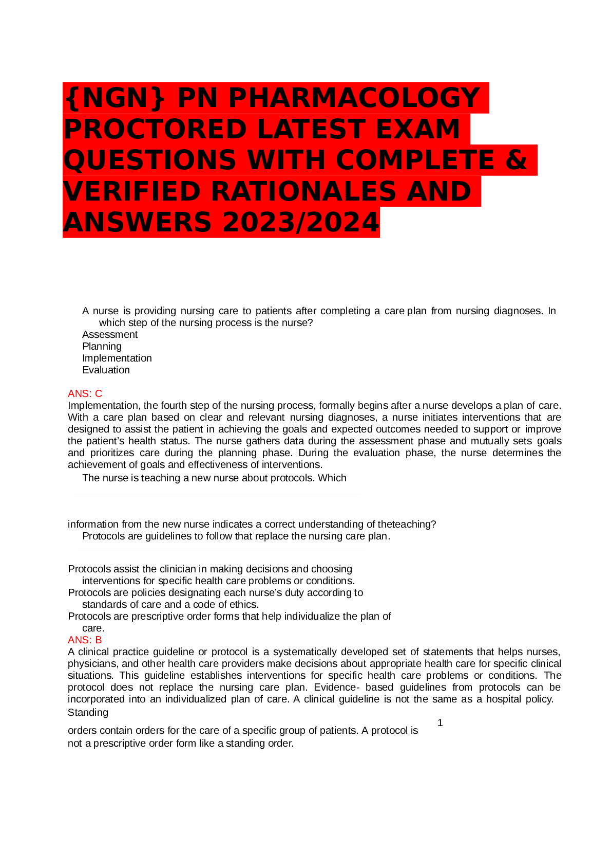 Preview image for {NGN} PN PHARMACOLOGYPROCTORED LATEST EXAMQUESTIONS WITH COMPLETE &VERIFIED RATIONALES ANDANSWERS 20232024