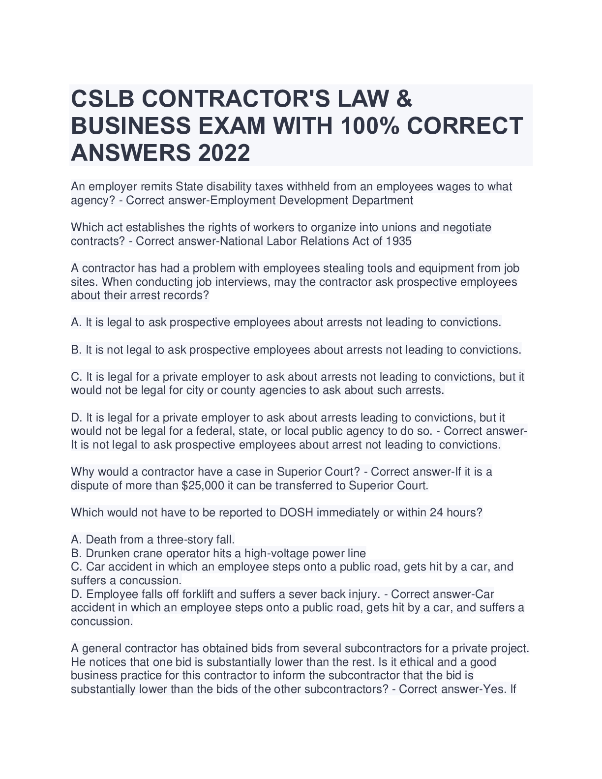 Preview image for CSLB CONTRACTOR'S LAW &BUSINESS EXAM WITH 100% CORRECTANSWERS 2022
