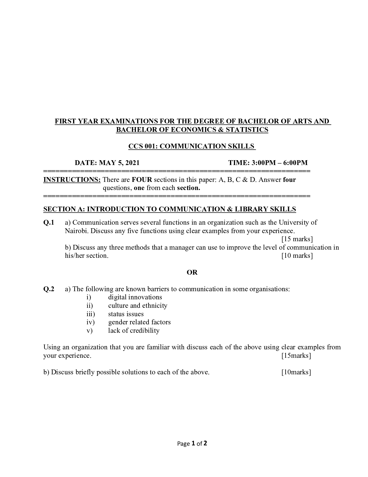 Preview of CCS 001 COMMUNICATION SKILLS FIRST YEAR EXAMINATIONS