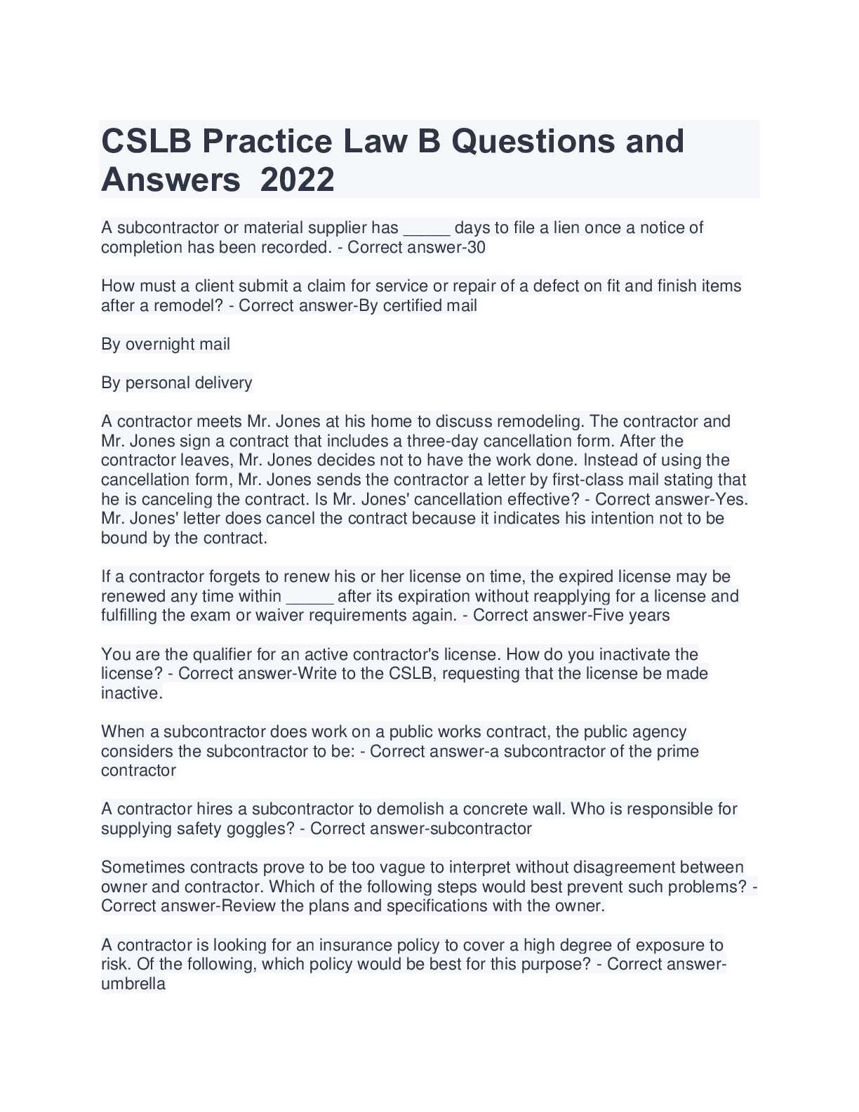 Preview of CSLB Practice Law B Questions andAnswers
