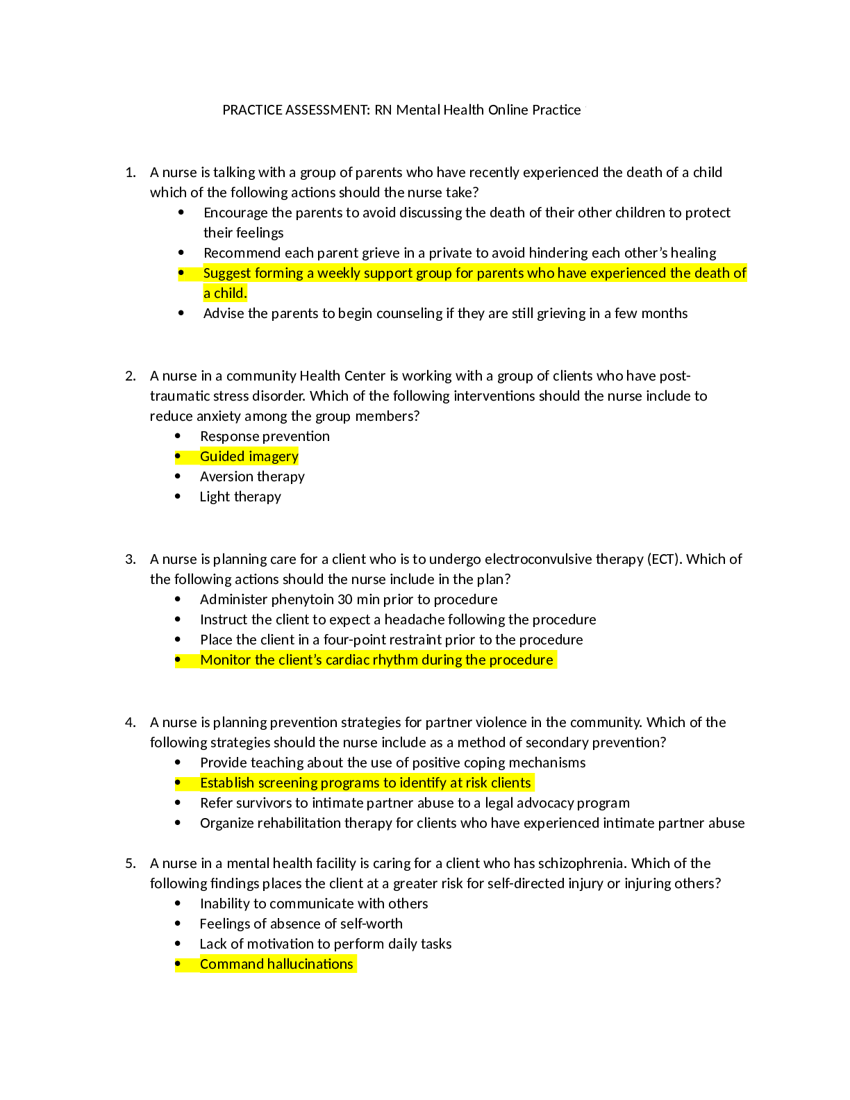 Preview of PRACTICE ASSESSMENT RN Mental Health Online Practice