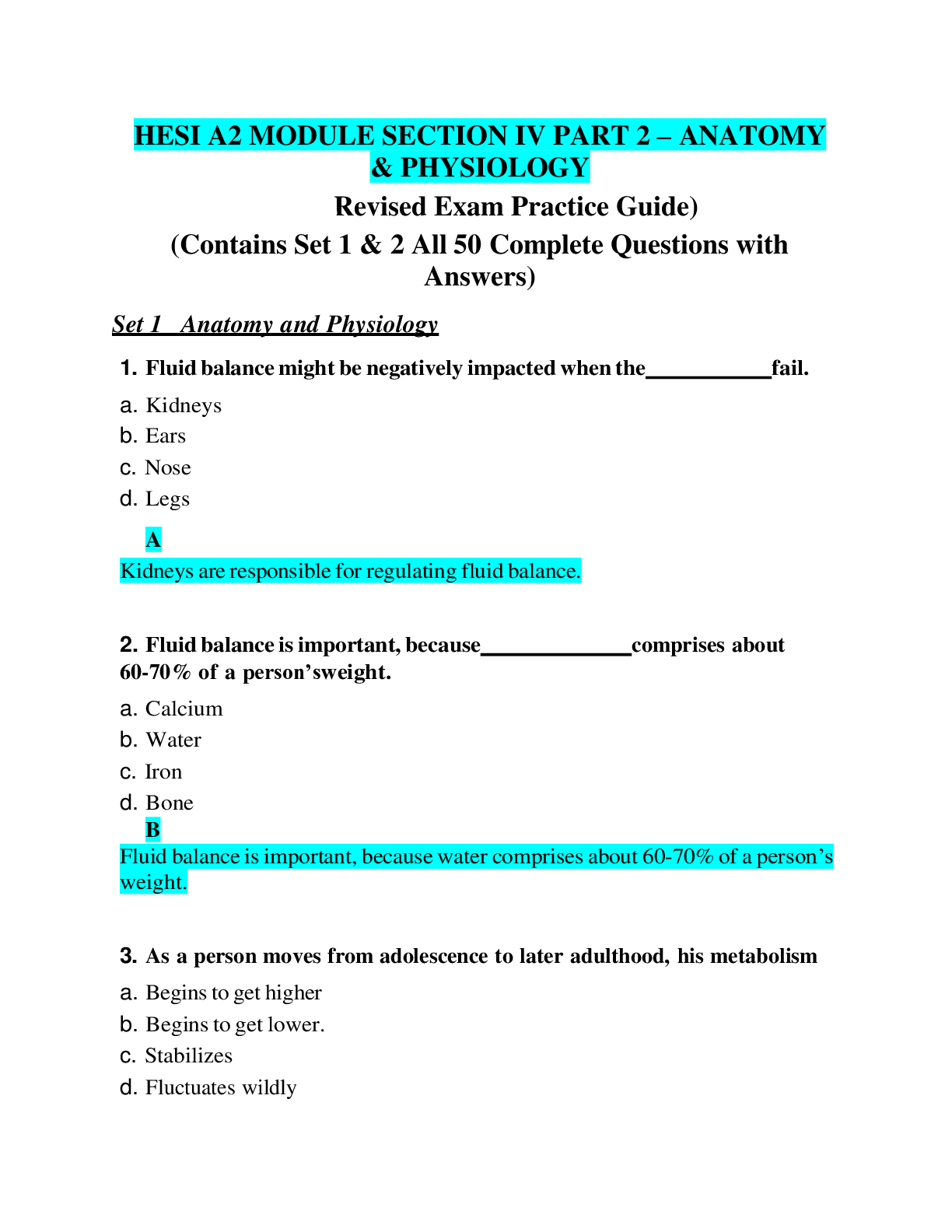 Preview of HESI A2 MODULE SECTION IV PART 2 – ANATOMY AND PHYSIOLOGY