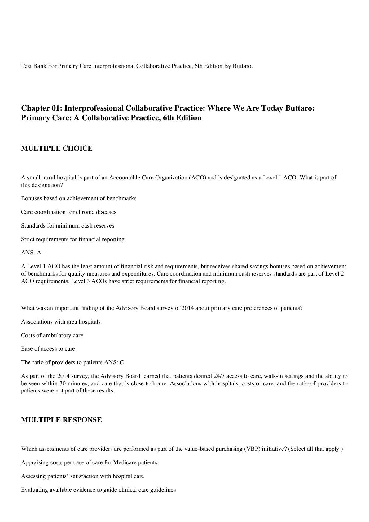 Preview image of TEST BANK FOR Buttaro: Primary Care: A Collaborative Practice/ Interprofessional Collaborative Practice 6TH EDITION. All Chapters 1- 228 Questions And Answers in 260 Pages. All Answers Are Correct. document