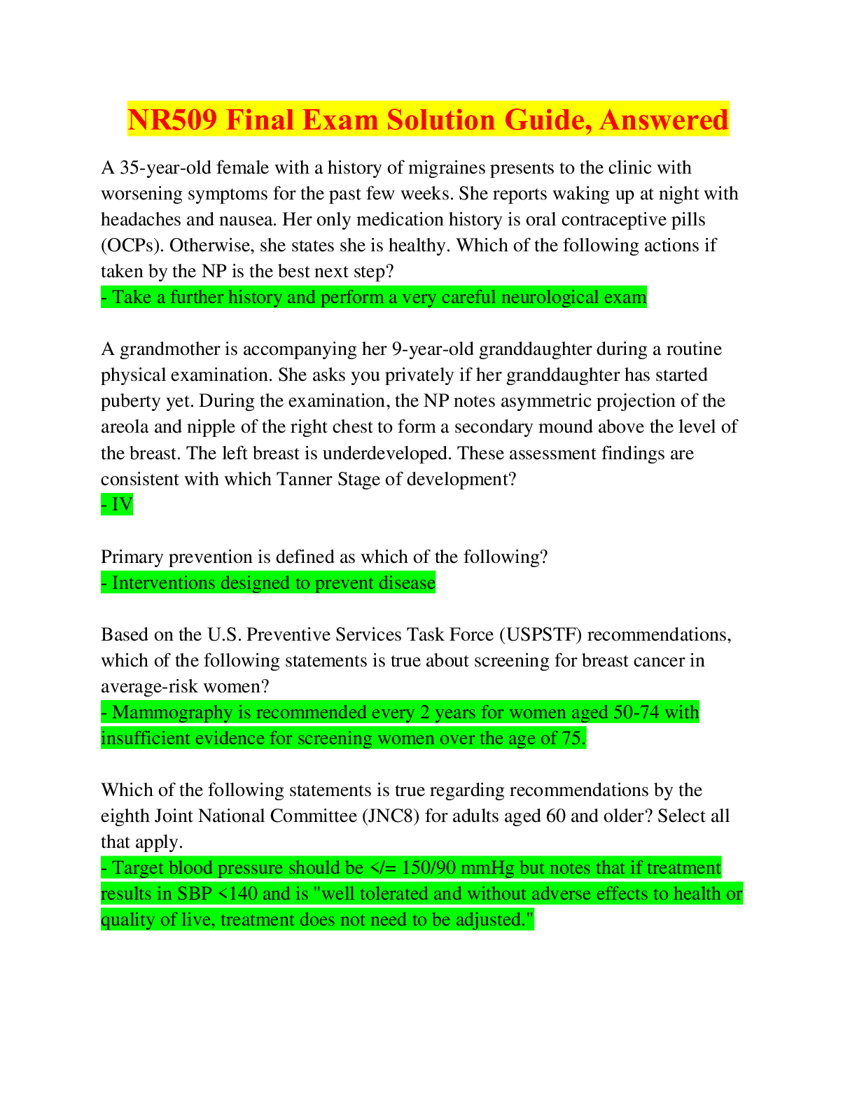 Preview image of NR509 Final Exam Solution Guide, Answered, 2023 document