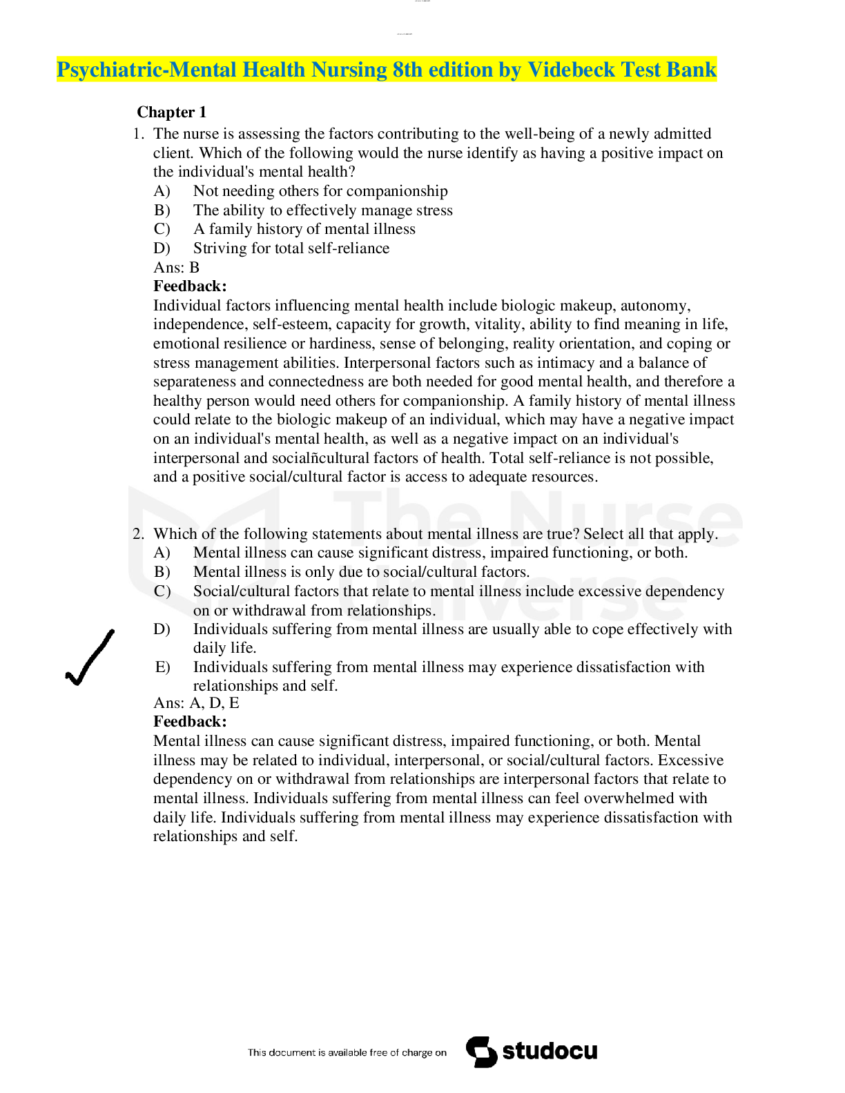 Preview image for Psychiatric-Mental Health Nursing 8th edition by Videbeck Test Bank