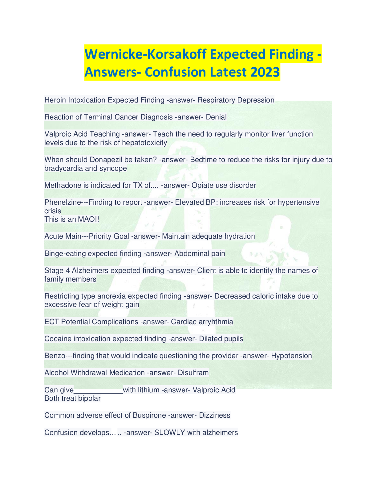 Preview image for Wernicke-Korsakoff Expected Finding -Answers- Confusion Latest 2023