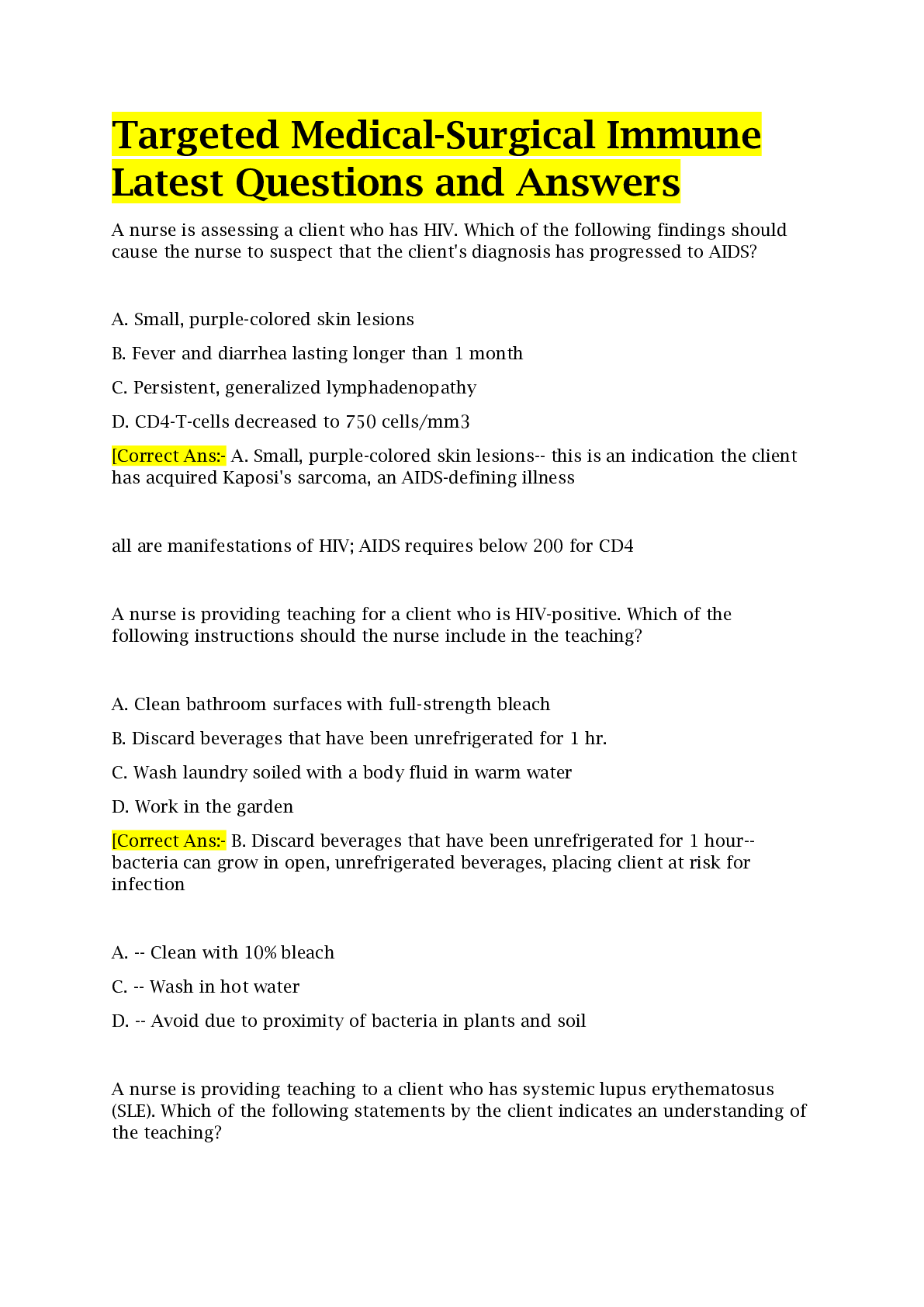 Preview image for Targeted Medical-Surgical Immune Latest Questions and Answers