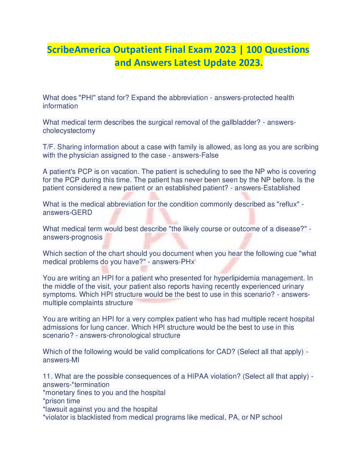 Preview image for Scribe America Outpatient Final Exam 2023 | 100 Questions and Answers Latest Update 2023.