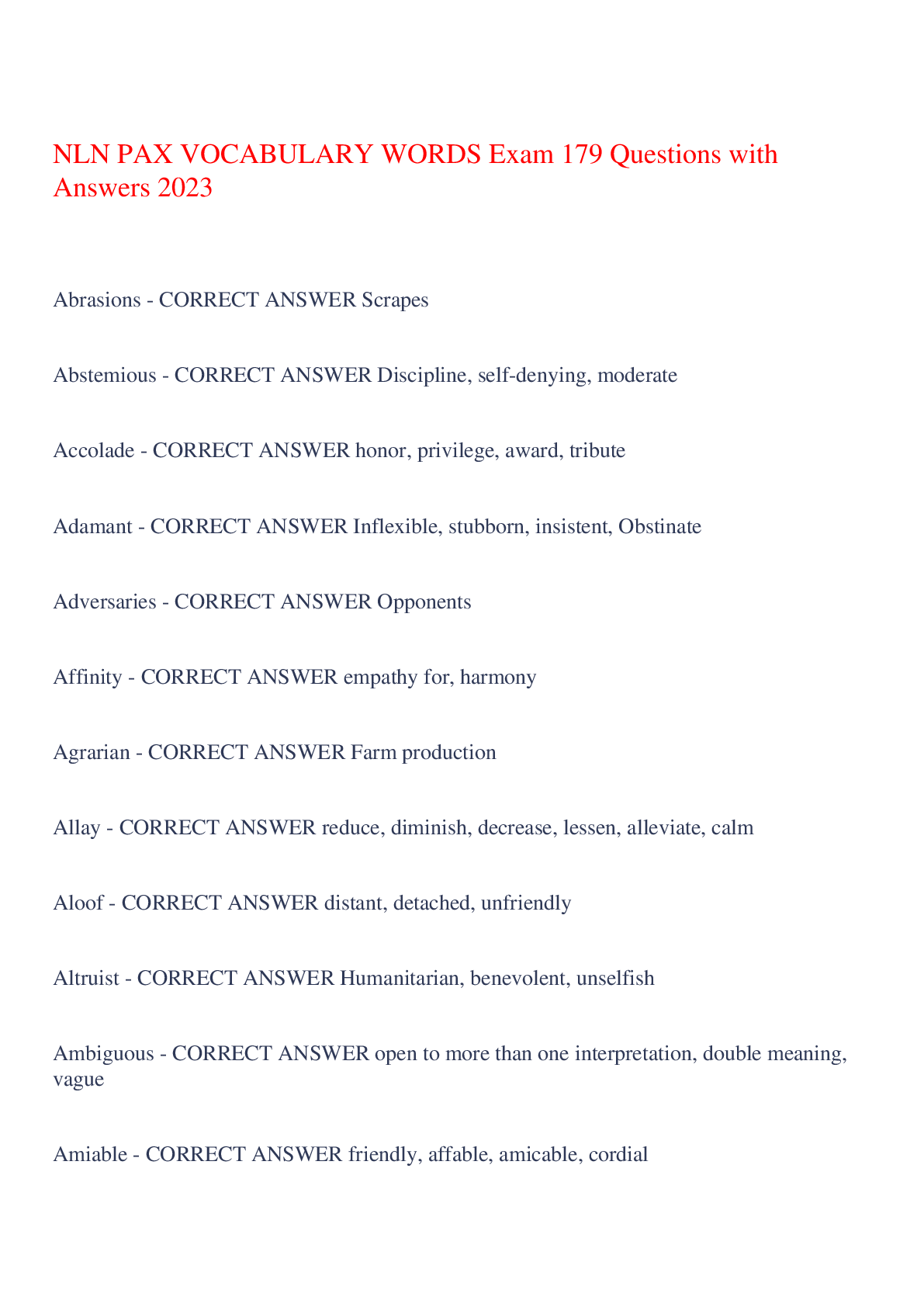 Preview of NLN PAX VOCABULARY WORDS Exam 179 Questions with Answers 2023,100% CORRECT