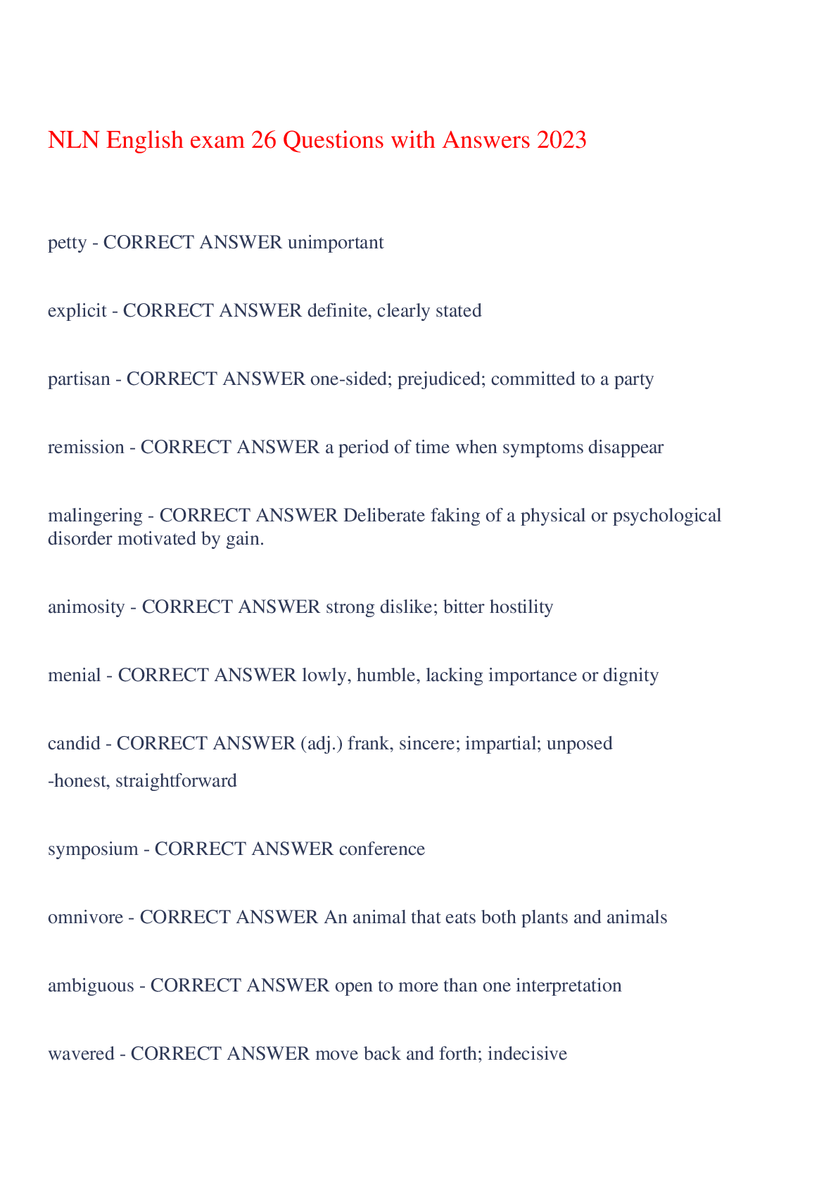 Preview image for NLN English exam 26 Questions with Answers 2023,100% CORRECT
